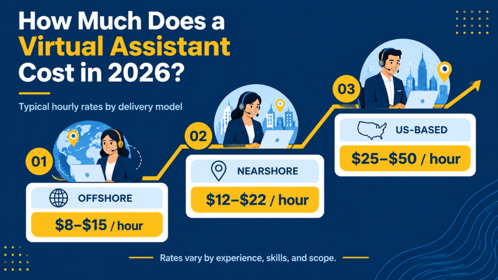 Virtual assistant hourly rates by region comparing US, nearshore and offshore costs