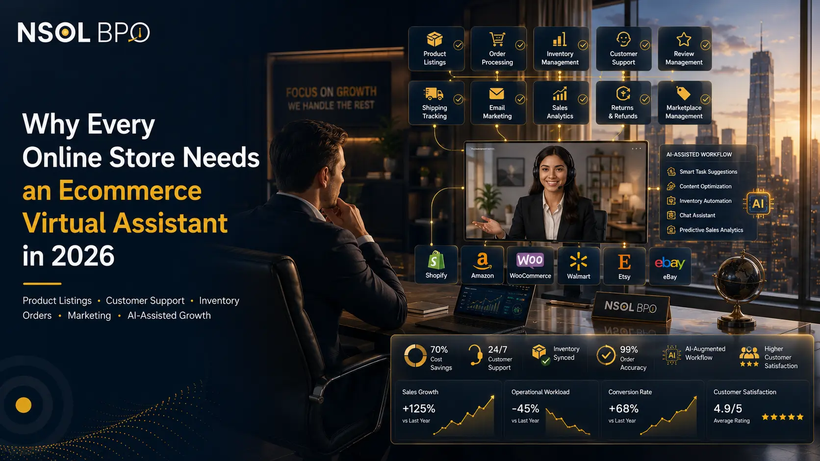Ecommerce virtual assistant streamlining online store management with AI-assisted workflows, inventory control, customer support, and order processing.