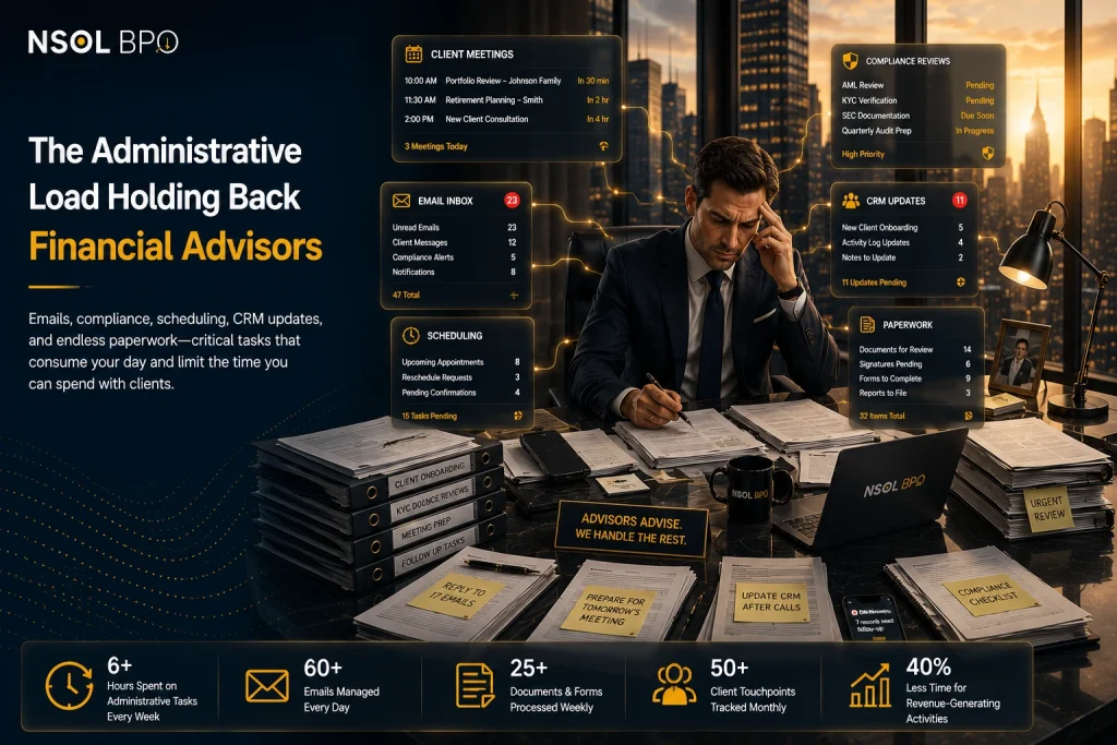 Financial advisor overwhelmed with paperwork, compliance, emails, CRM updates, and scheduling before hiring a Financial Advisor Virtual Assistant.