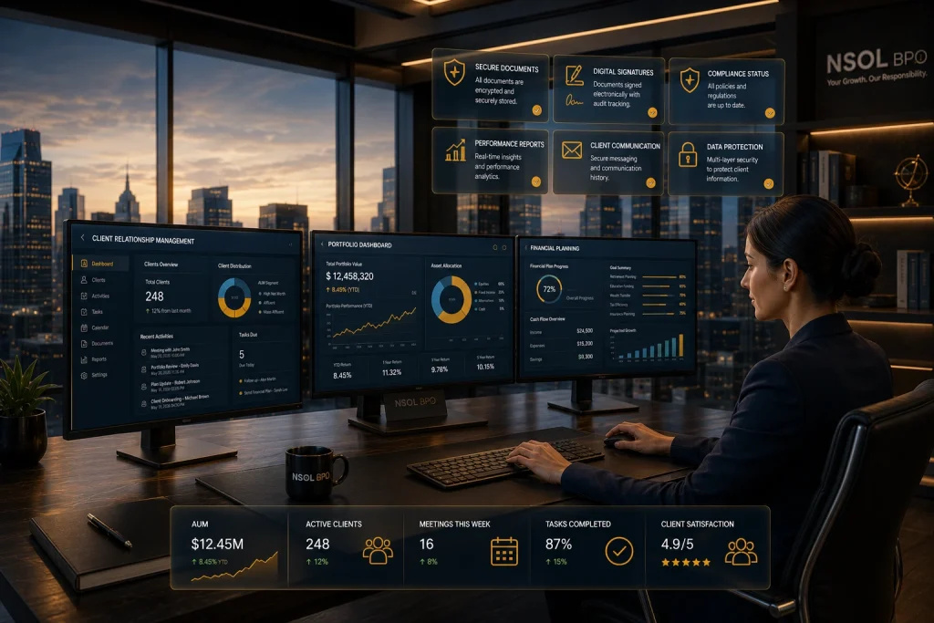 Financial Advisor Virtual Assistant managing calendar scheduling, client onboarding, CRM updates, compliance documentation, email management, and follow-up tasks.