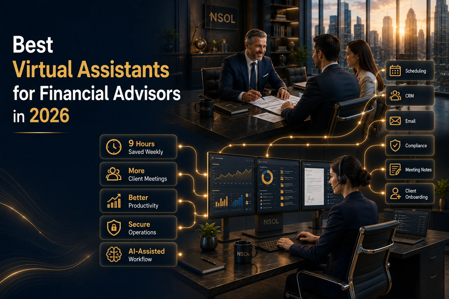 Financial Advisor Virtual Assistant helping a financial advisor focus on clients while managing scheduling, CRM, compliance, email, and administrative workflows.