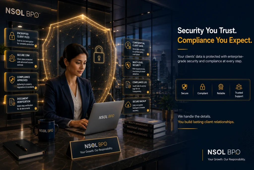 Financial Advisor Virtual Assistant protecting confidential client information with secure CRM, encrypted documents, compliance workflows, and enterprise-grade security.