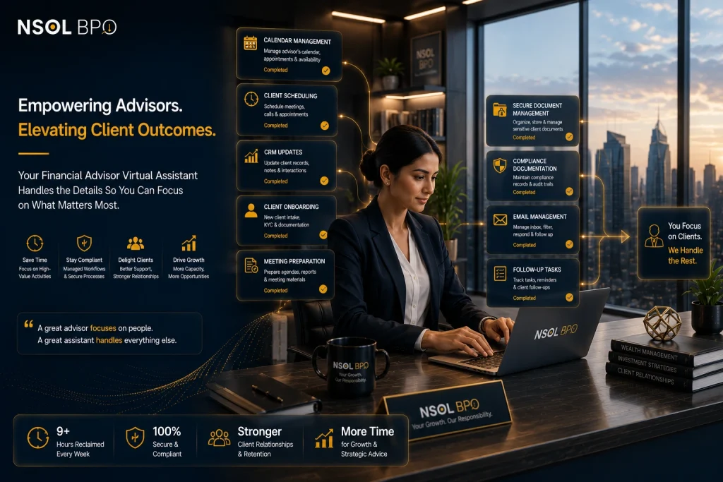 Financial Advisor Virtual Assistant managing calendar scheduling, client onboarding, CRM updates, compliance documentation, email management, and follow-up tasks.