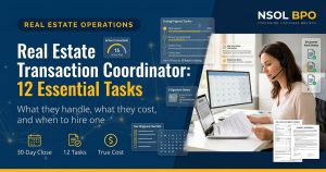 Virtual transaction coordinator reviewing a real estate contract and closing calendar at a home office desk