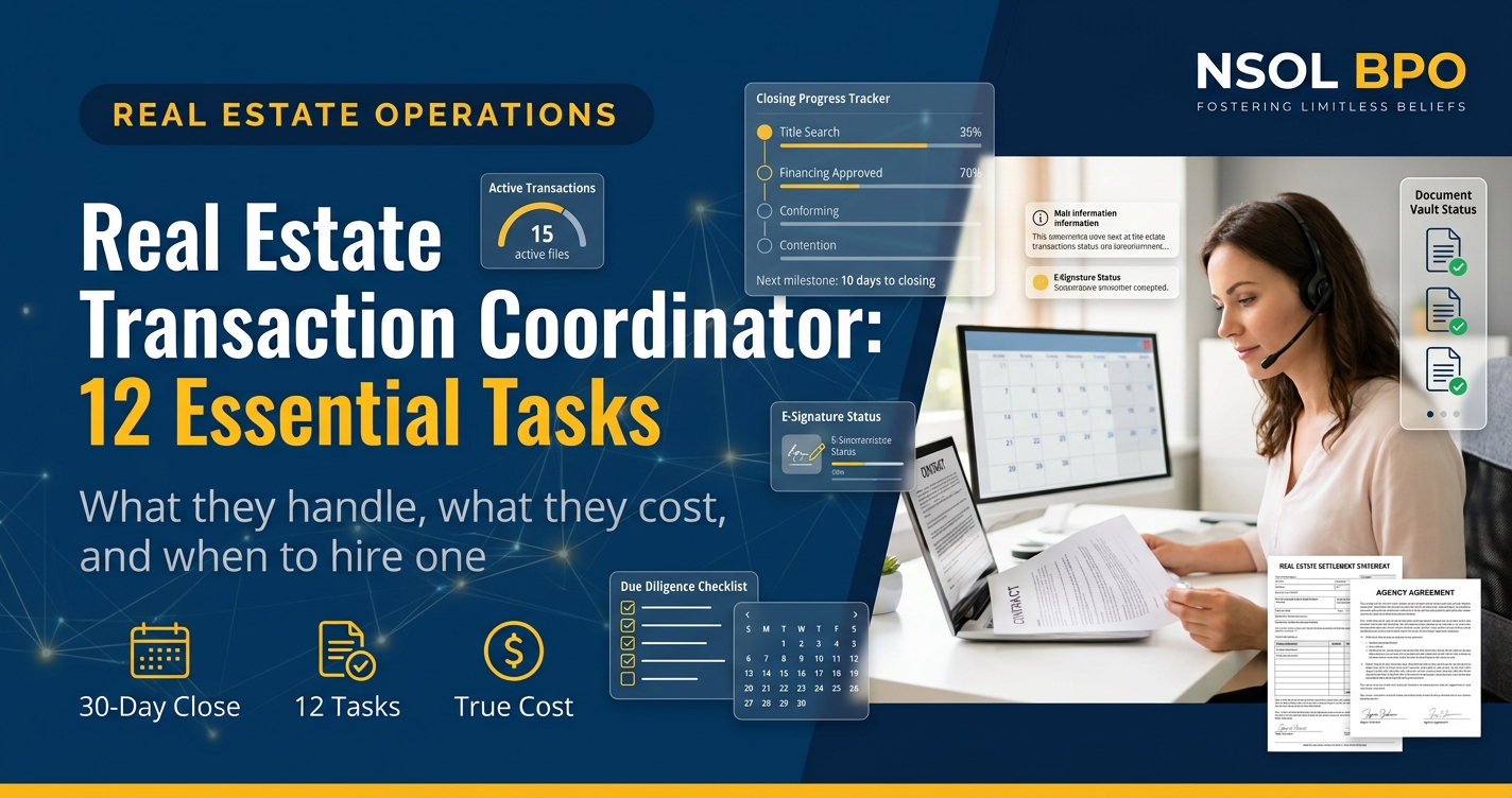 Virtual transaction coordinator reviewing a real estate contract and closing calendar at a home office desk
